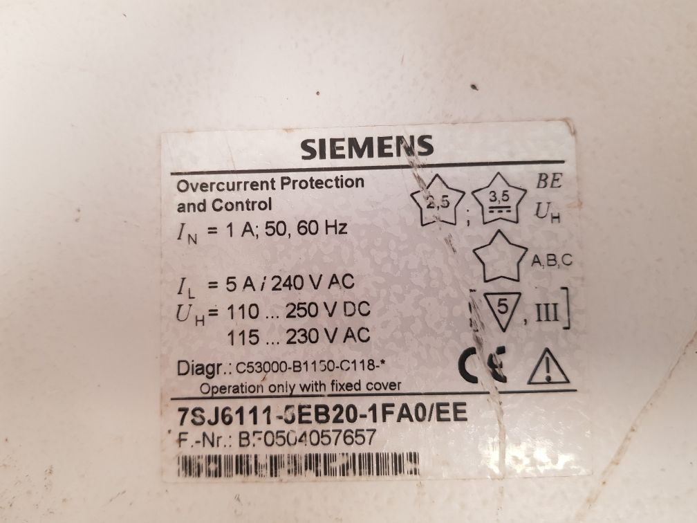 SIEMENS 7SJ6111-5EB20-1FA0 OVERCURRENT PROTECTION AND CONTROL 7SJ6111 - 5EB20 - 1FA0/EE