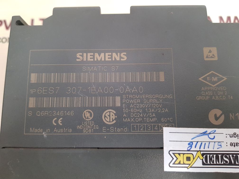 SIEMENS SIMATIC S7 POWER SUPPLY 307-1EA00-0AA0/6ES7 307-1EA00-0AA0