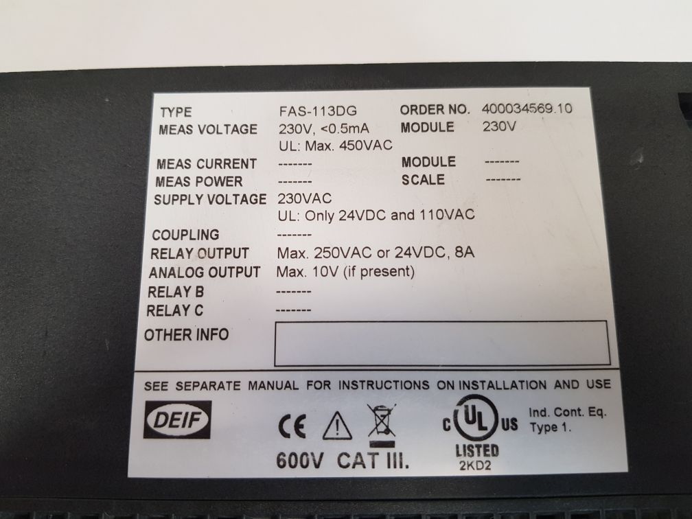 DEIF FAS-113DG SYNCHRONIZE CONTROLLER