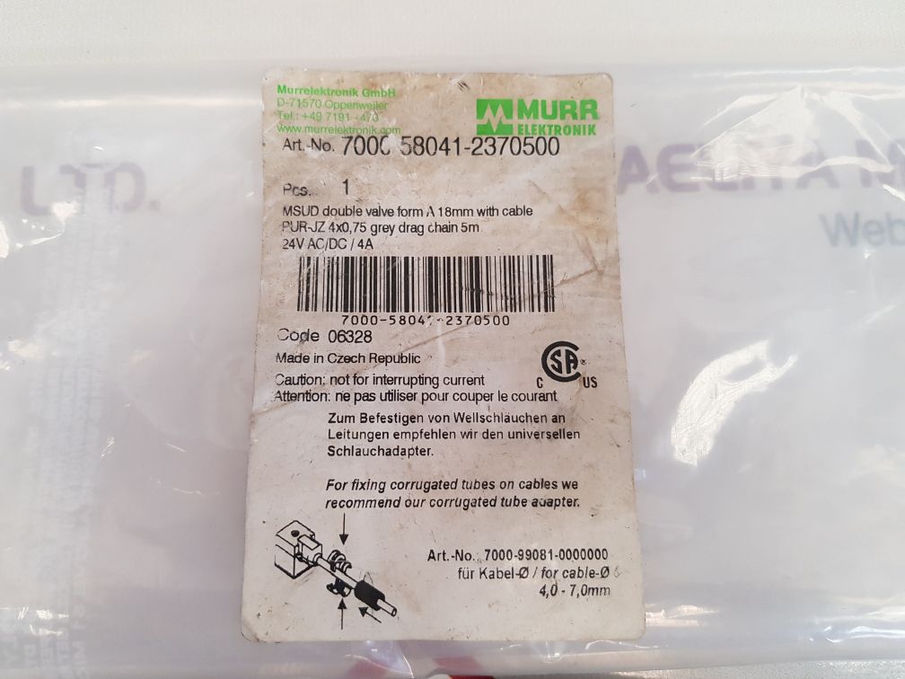 MURR ELEKTRONIK 7000 58041-2370500 MSUD DOUBLE VALVE FORM A 18MM WITH CABLE