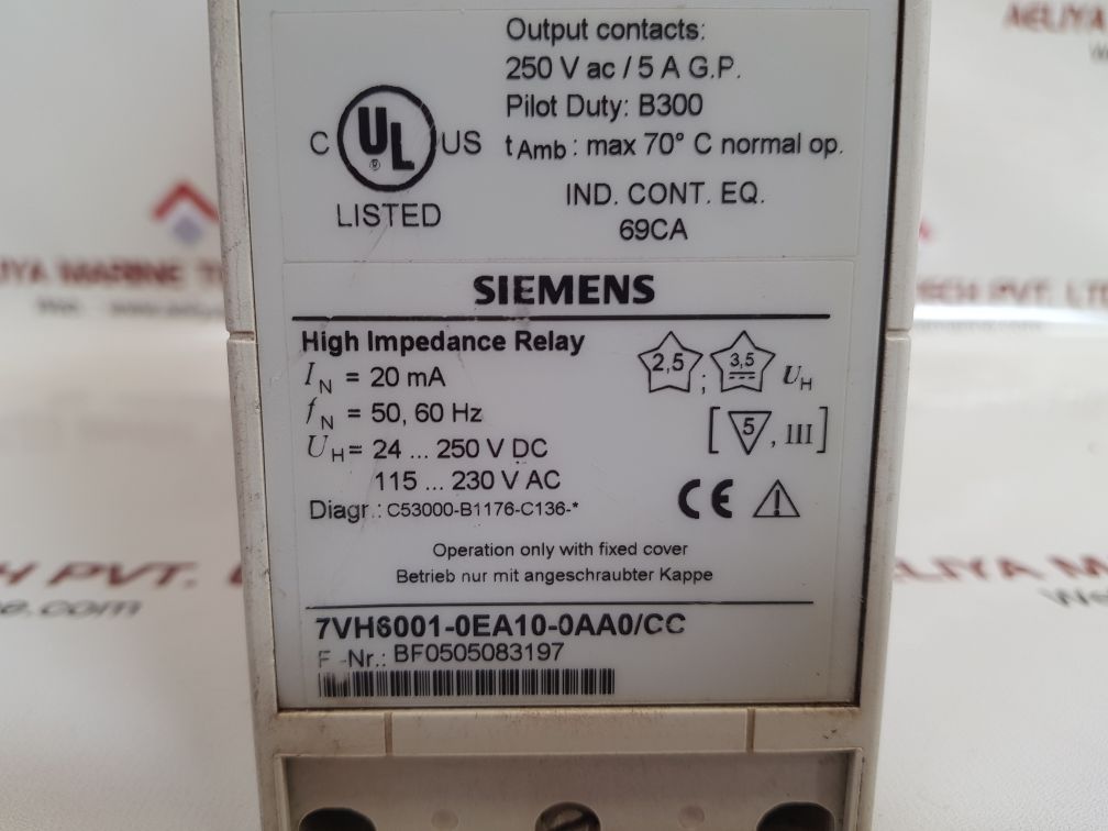 SIEMENS 7VH6001-0EA10-0AA0/CC HIGH IMPEDANCE RELAY