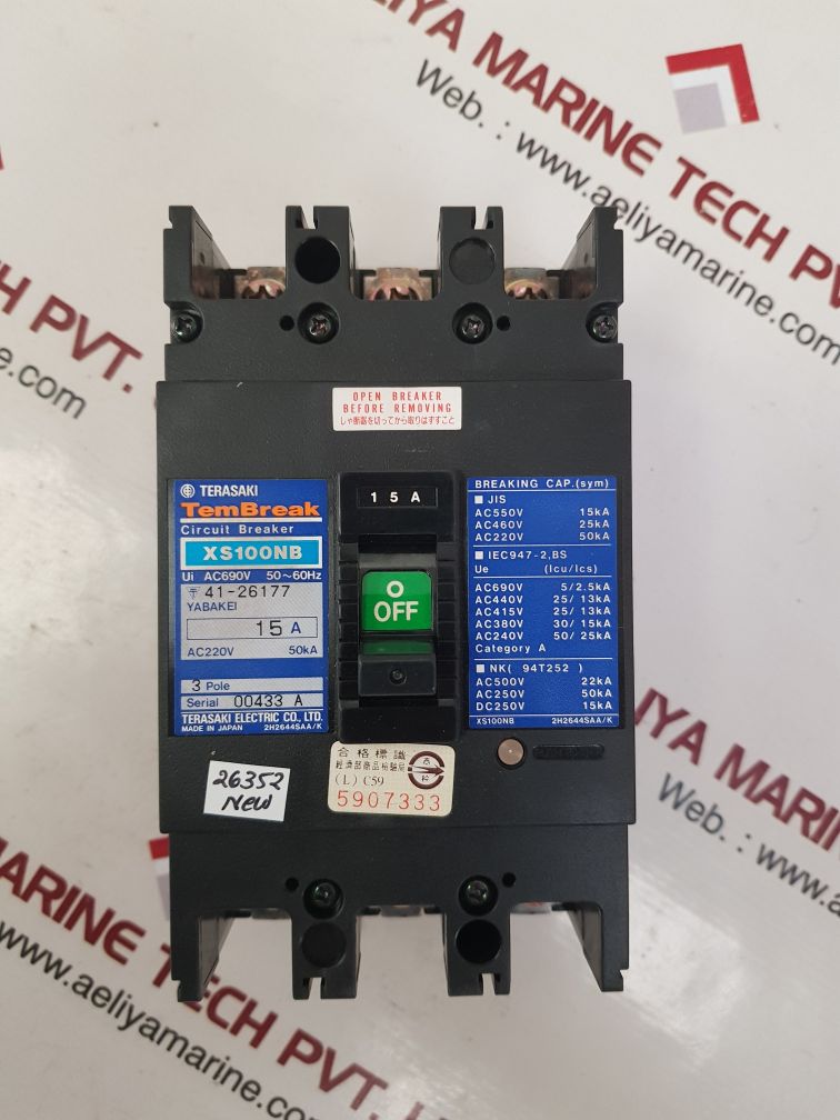 TERASAKI XS100NB 3 POLE CIRCUIT BREAKER 15A