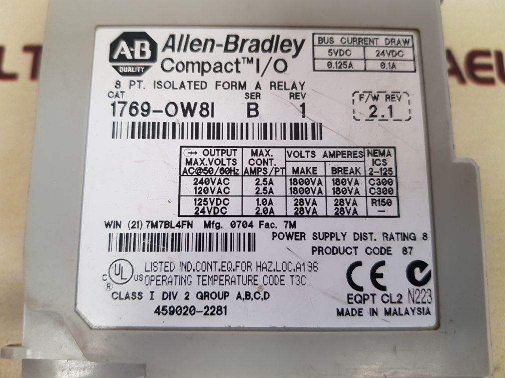 ALLEN-BRADLEY 1769-OW8I SER:B COMPACT I/O OUTPUT MODULE