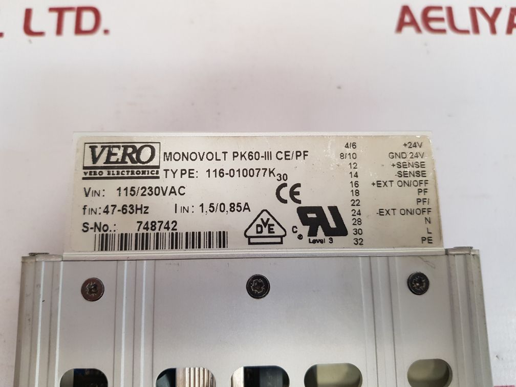 VERO ELECTRONICS MONOVOLT PK60-III CE/PF POWER SUPPLY