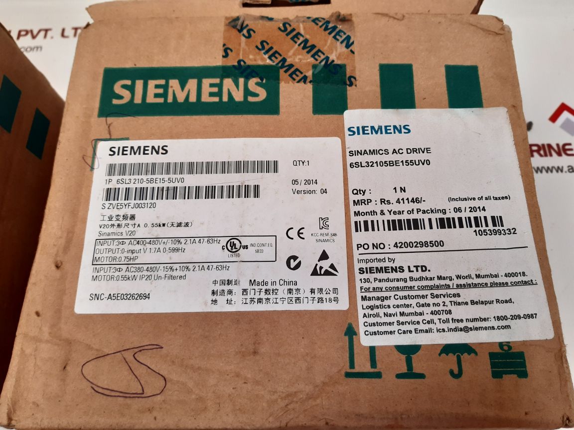 SIEMENS SINAMICS V20 6SL32105BE155UV0 SINAMICS AC DRIVE