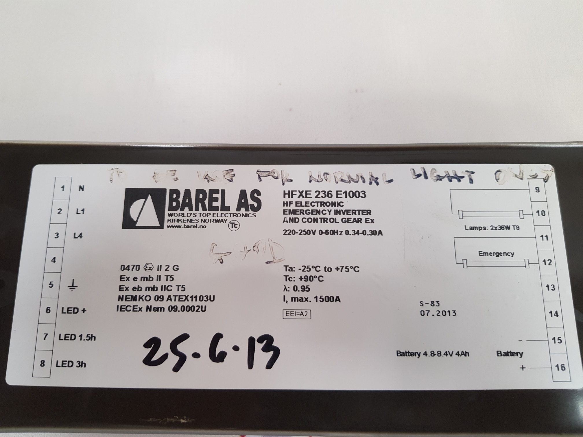 BAREL HFXE 236 E1003 EMERGENCY INVERTER AND CONTROL GEAR EX