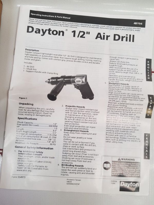 DAYTON 4BY94 AIR DRILL ½ IN.