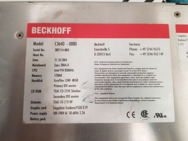BECKHOFF C3640-0000 WINDOWS XP PROFESSIONAL 1-2 CPU