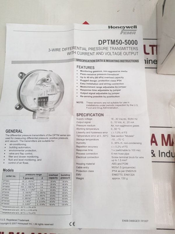 HONEYWELL DPTM50 DIFFERENTIAL PRESSURE TRANSMITTER