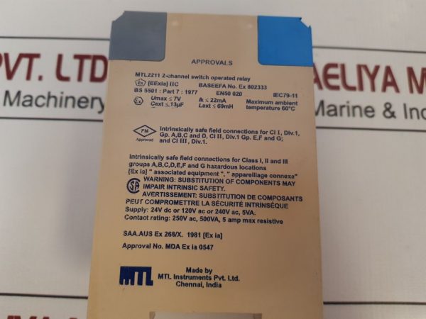 MTL MTL2211 2-CHANNEL IS-INPUT SWITCH OPERATED RELAY 2005400002