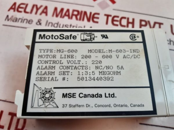 MSE CANADA MOTOSAFE M-603-IND INSULATION MONITOR MG-600