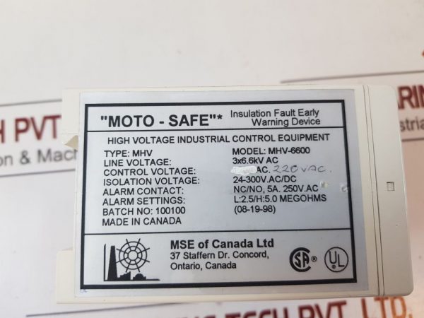 MSE OF CANADA MHV-6600 EARLY WARNING INSULATION FAULT DETECTOR