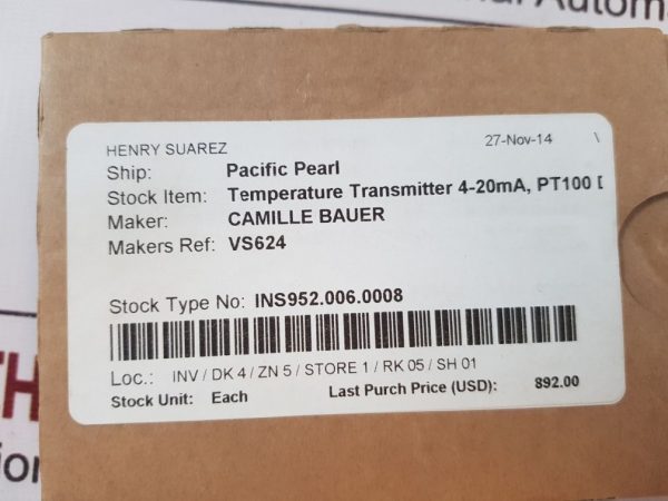 CAMILLE BAUER SINEAX V624 PROGRAMMABLE TEMPERATURE TRANSMITTER 632414