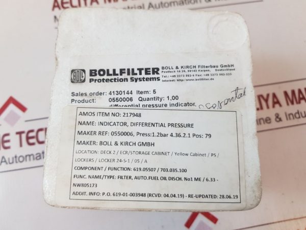 BOLLFILTER 4.36.2.1 DIFFERENTIAL PRESSURE INDICATOR
