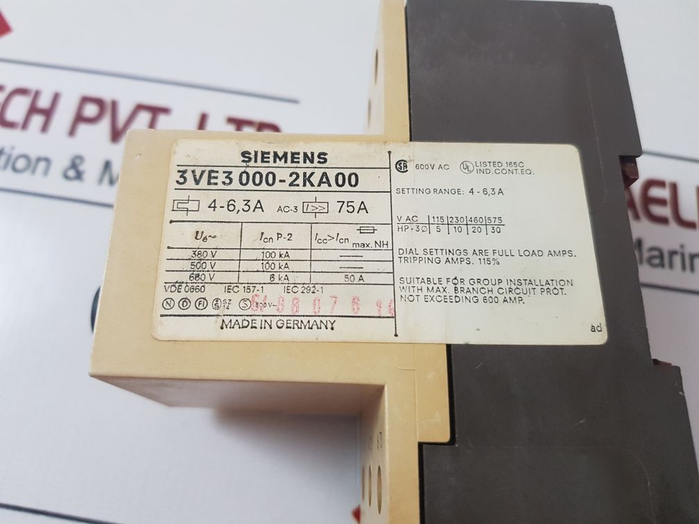 SIEMENS 3VE3 000-2KA00 STARTER PROTECTOR