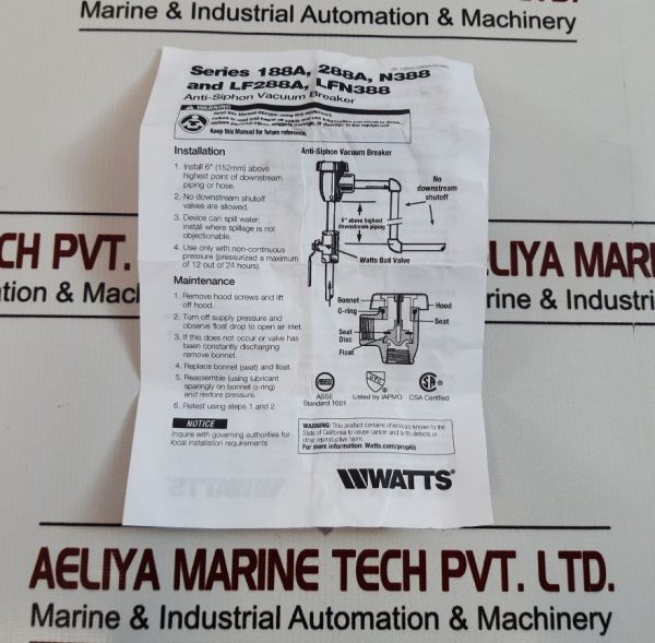 WATTS 59-49-SA ANTI-SIPHON VACUUM BREAKER 288A