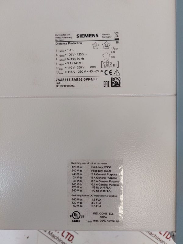 SIEMENS SIPROTEC 7SA6111-5AB92-0PP4/FF DISTANCE PROTECTION RELAY