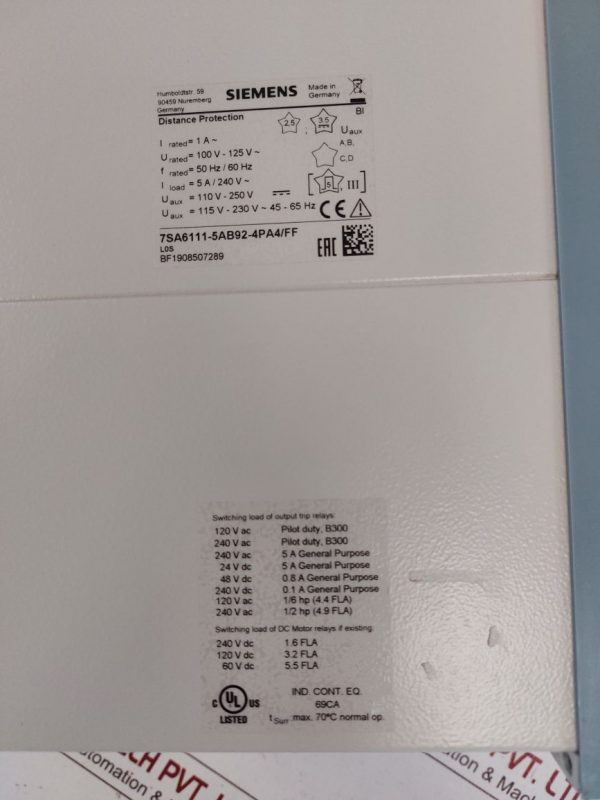 SIEMENS SIPROTEC 7SA6111-5AB92-4PA4/FF DISTANCE PROTECTION RELAY