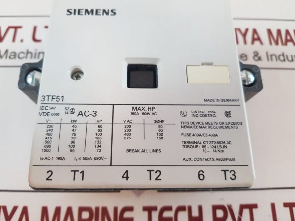 SIEMENS 3TF51 CONTACTOR 150A 600V AC