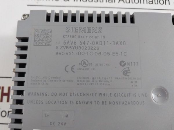 SIEMENS KTP600 BASIC COLOR TOUCH PANEL 6AV6 647-0AD11-3AX0