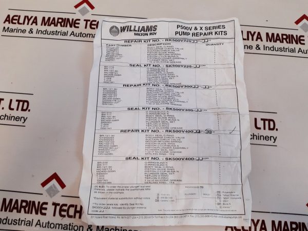 Williams Rk500v225 Pump Repair Kits