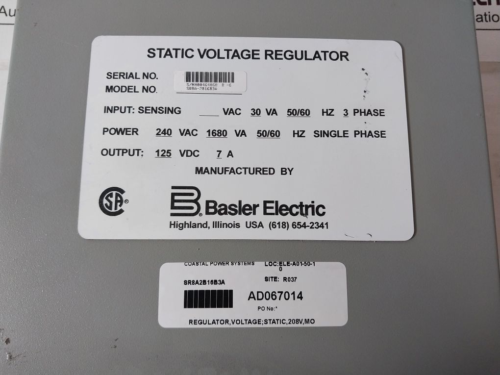 Basler Electric Sr8a 2b16b3a Static Voltage Regulator Aeliya Marine