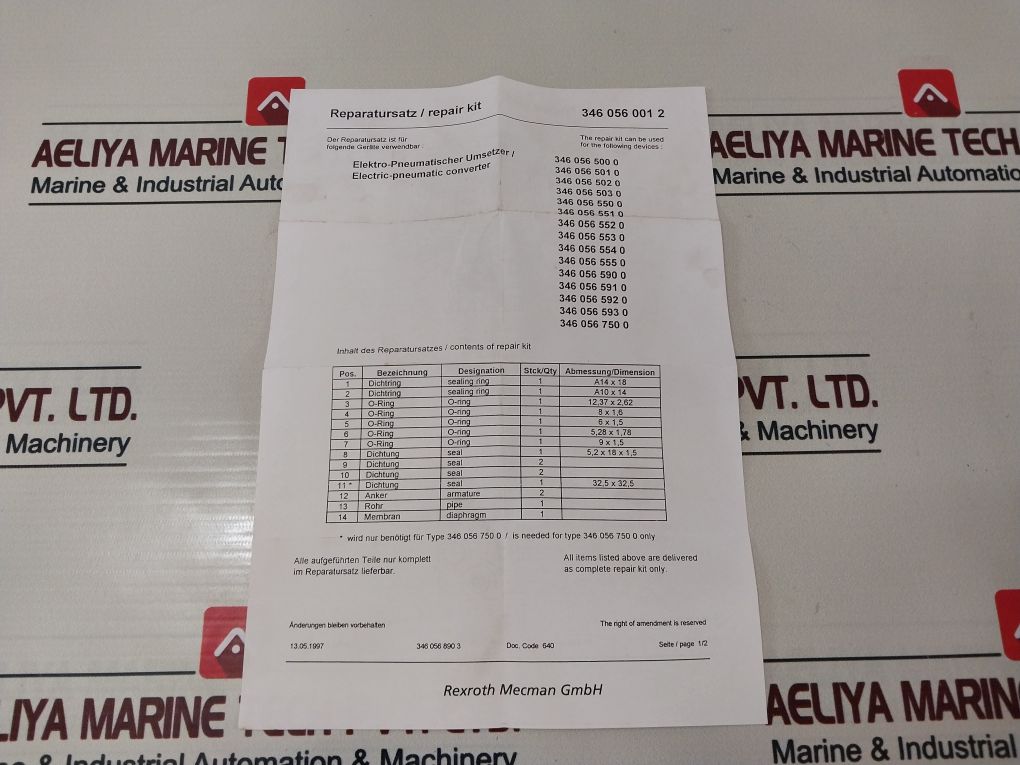 Rexroth 346 056 001 2 Repair Kit For Regulating Valve - Image 28