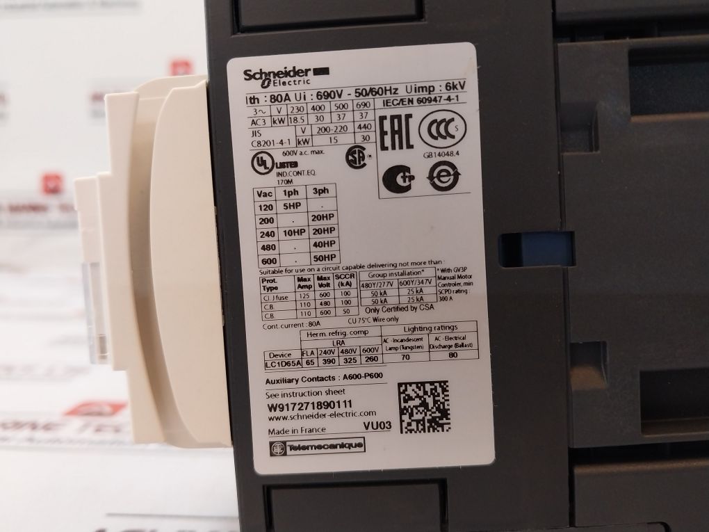 Schneider Electric Telemecanique Lc1d65ar7 3 Pole Contactor 80a - Image 6
