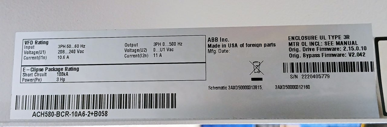 Abb Ach580-Bcr-10a6-2+B058 Enclosed Variable Frequency Drive 240v - Image 5