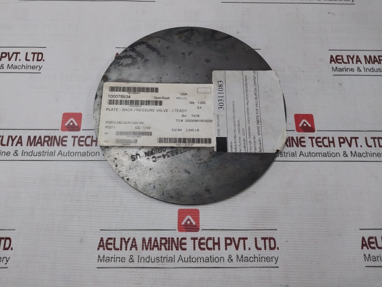 Halliburton 100078934 Pump Plate - Back Pressure Valve