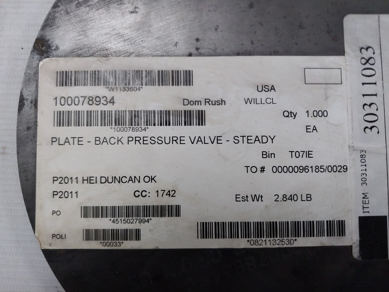 Halliburton 100078934 Pump Plate - Back Pressure Valve - Image 6