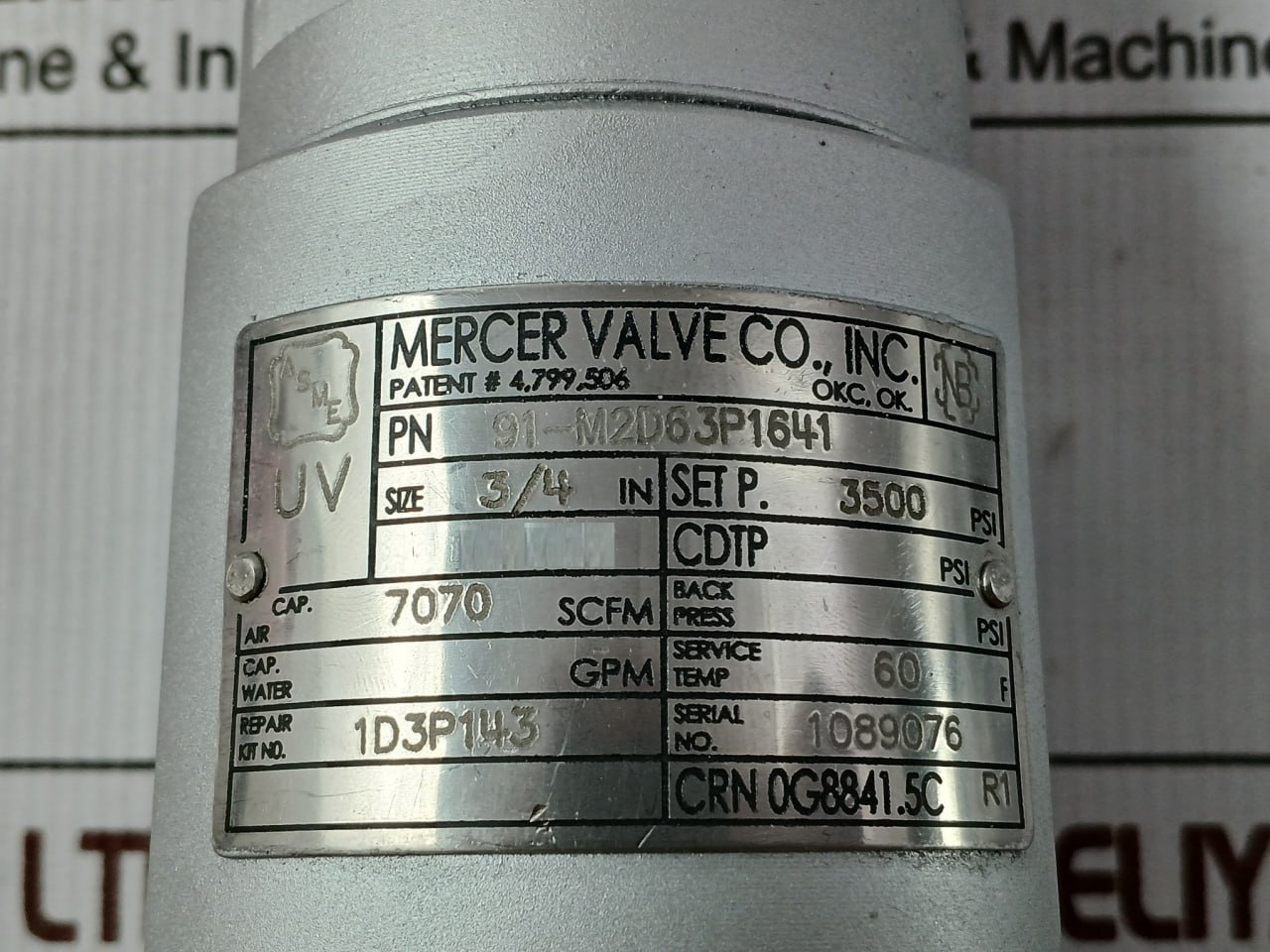 Mercer Valve 91-M2d63p1641 Pressure Relief Valve - Image 5