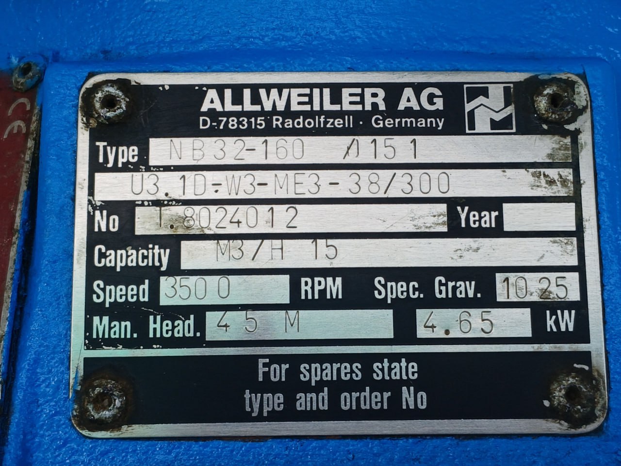 Allweiler Nb32-160 /0151 U3.1d-W3-Me3-38/300 Centrifugal Process Pump 480v - Image 6