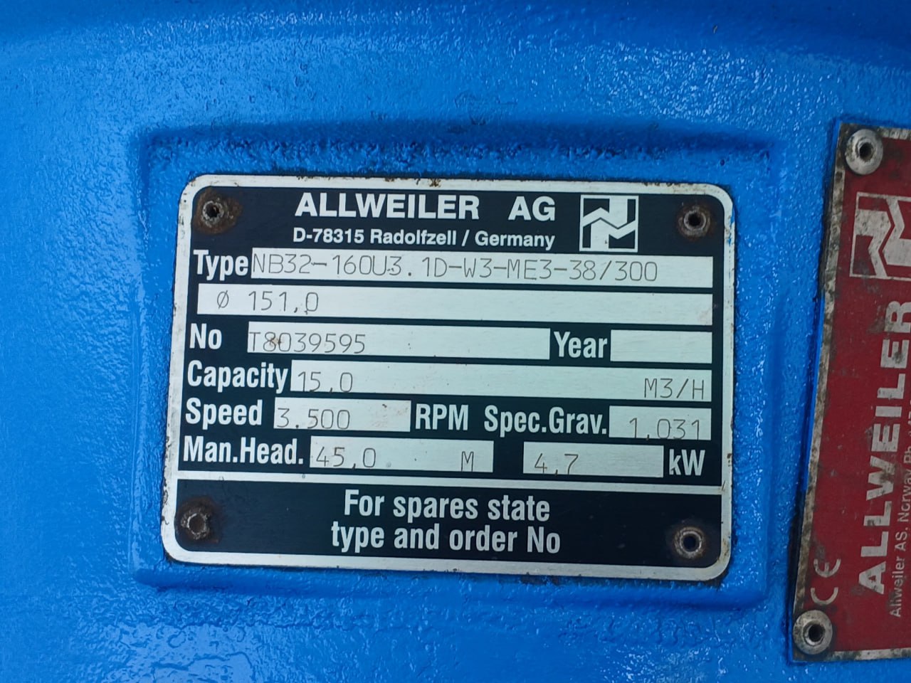 Allweiler Nb32-160u3.1d-W3-Me3-38/300 ø 151,0 Centrifugal Pump 480v - Image 6