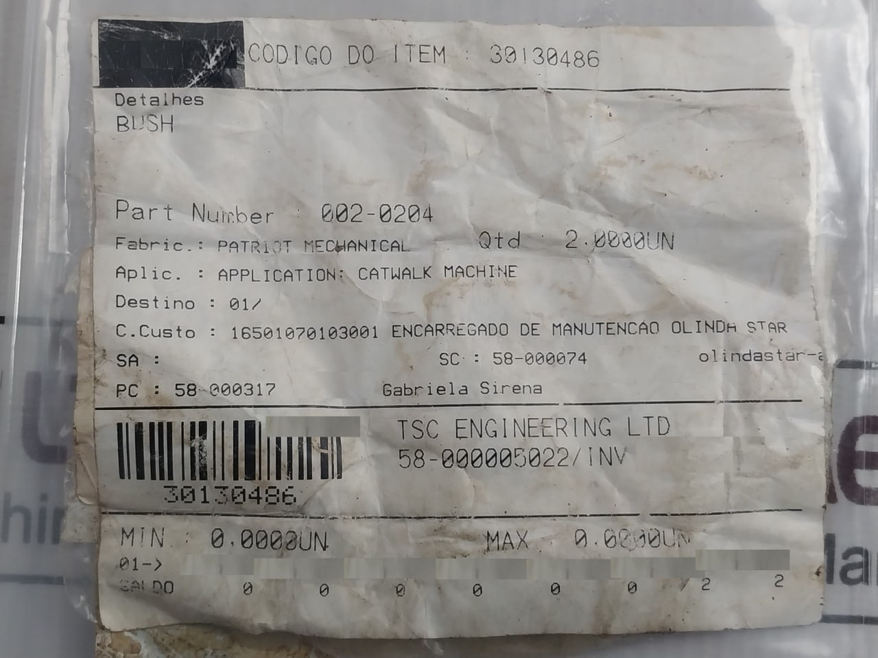 Patriot 002-0204 Bush For Catwalk Machine - Image 6