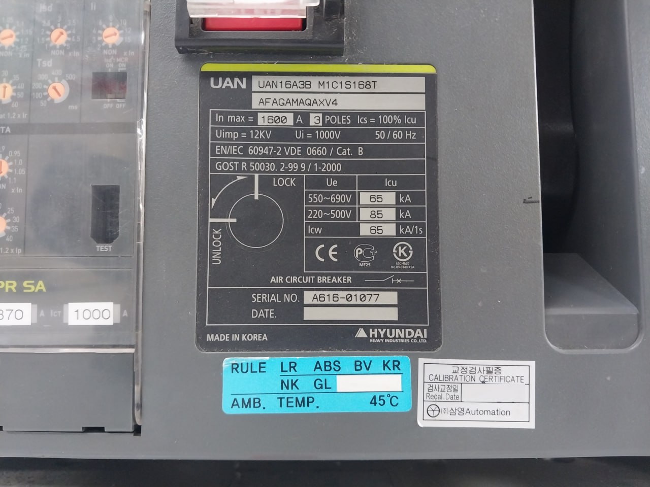 Hyundai Uan16a3b M1c1s168t 3-Pole Air Circuit Breaker 1000v - Image 7